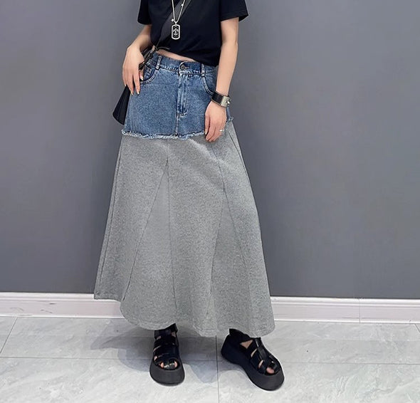 韓国ファッション　Aライン　切替デニム　おしゃれスカート