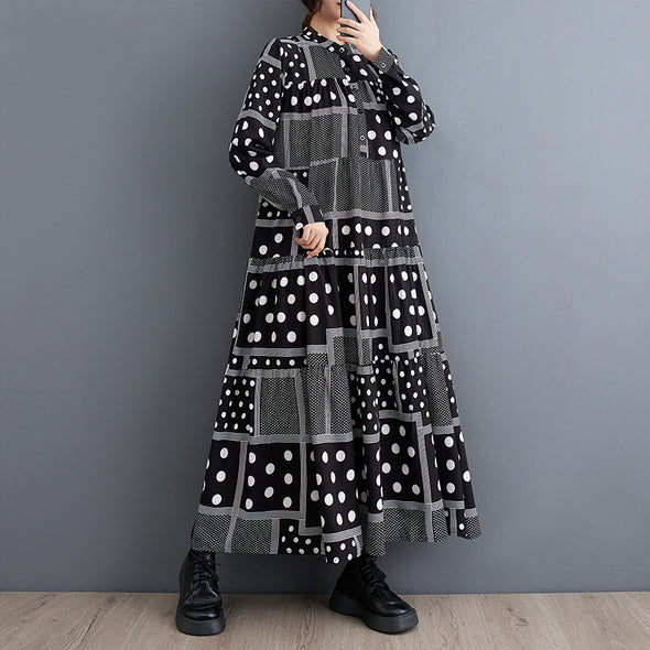 韓国ファッション　個性派　切替　ドット柄　Aライン　ロングワンピース