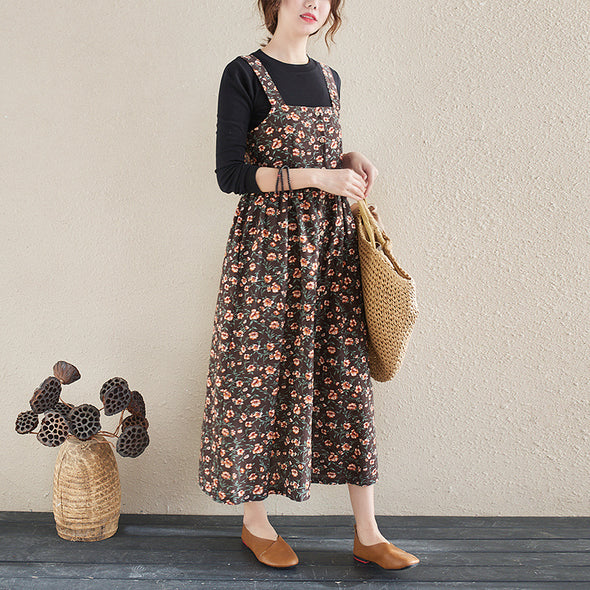 【M~2XL】ボタニカル　花柄　サロペット風　ジャンパースカート
