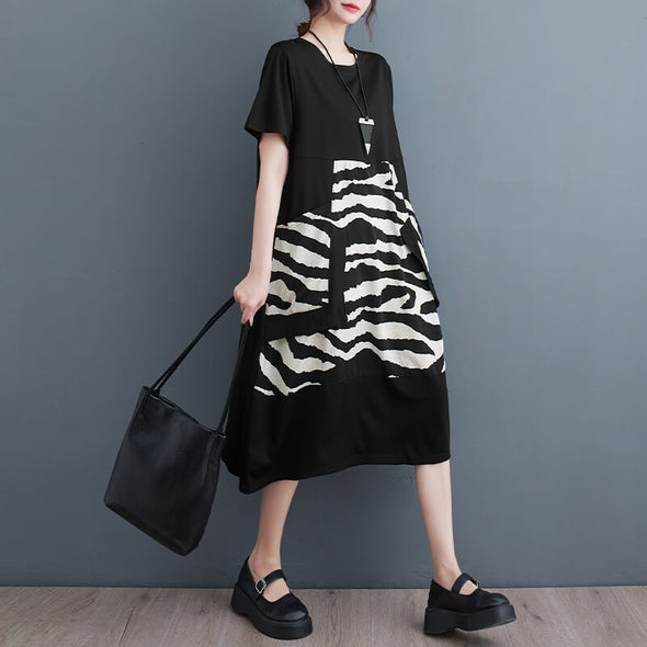 【M~2XL】韓国ファッション　ゼブラストライプ　おしゃれロングワンピース　夏人気ワンピース