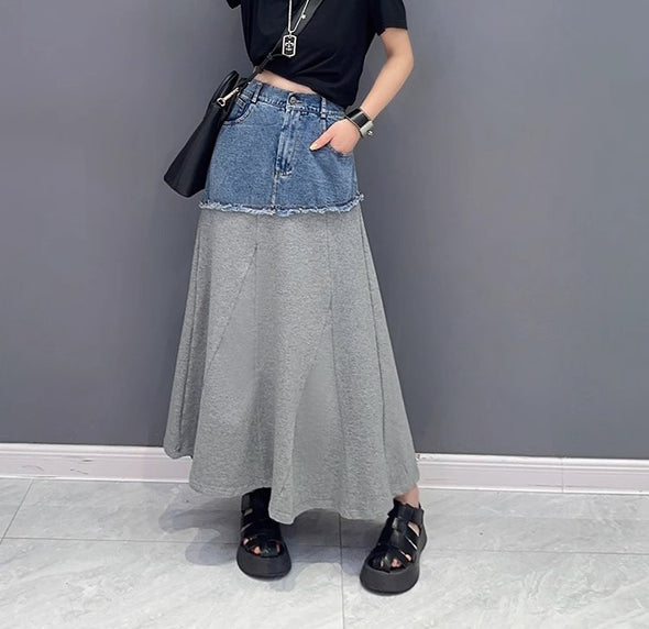 韓国ファッション　Aライン　切替デニム　おしゃれスカート