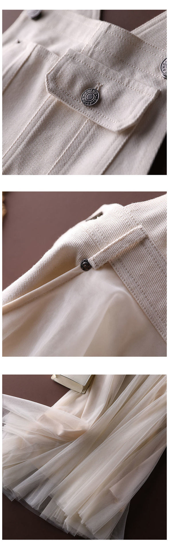 韓国ファッション　切替　デニムサロペット風ワンピース　チュールジャンパースカート