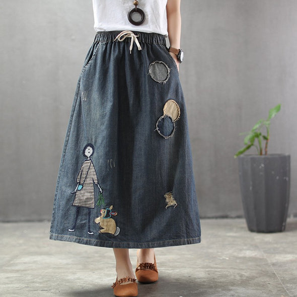 【L.XL】刺繍　レトロ　可愛い　　Aライン　デニムスカート
