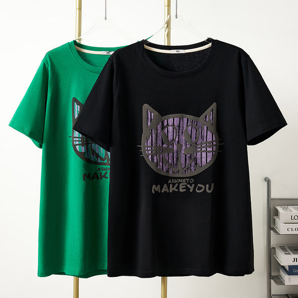 【3XL～7XL】韓国ファッション　ゆったりサイズ　カジュアル　猫柄　夏Tシャツ