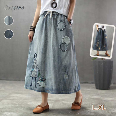 【L.XL】刺繍　レトロ　可愛い　　Aライン　デニムスカート