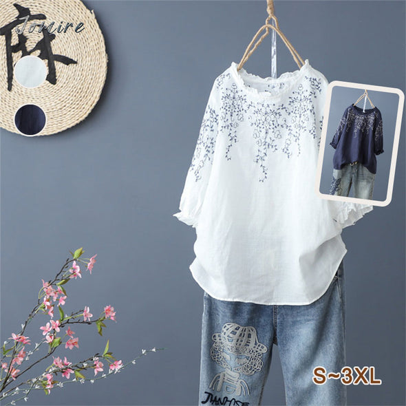 【S~3XL】フレアデザイン　刺繍入り　花柄　カジュアル　中袖ブラウス
