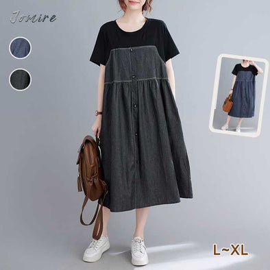 【L~XL】韓国ファッション　切り替えデニムワンピース　ロング丈　ポケット付き　夏ワンピース