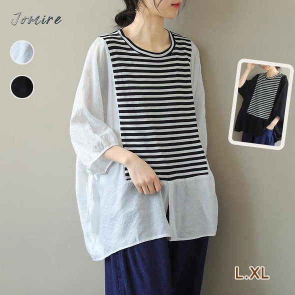 【L.XL】韓国ファッション　ゆるシルエット　切り替え　ストライプ柄　中袖Ｔシャツ
