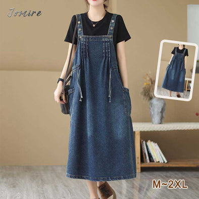 【M~2XL】韓国ファッション　タック入り　デニムサロペットワンピース　ジャンパースカート