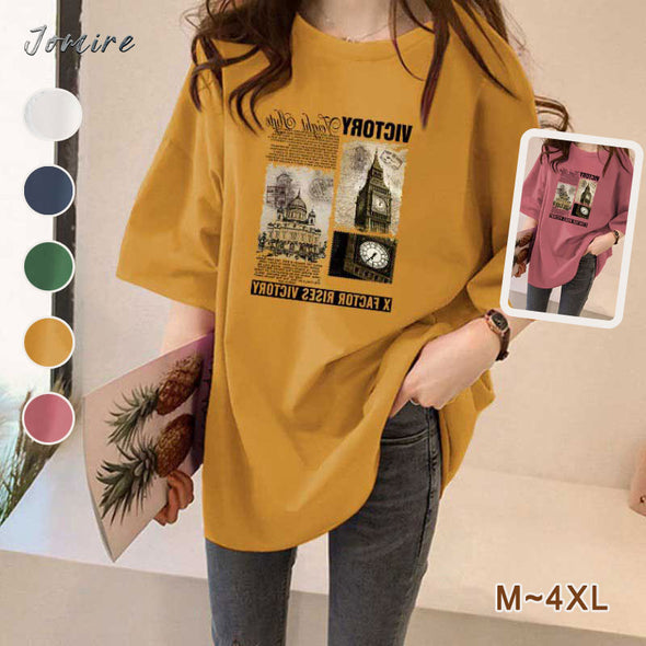 【M~4XL】5色展開　フロントプリント　ゆるシルエット　夏定番半袖Tシャツ