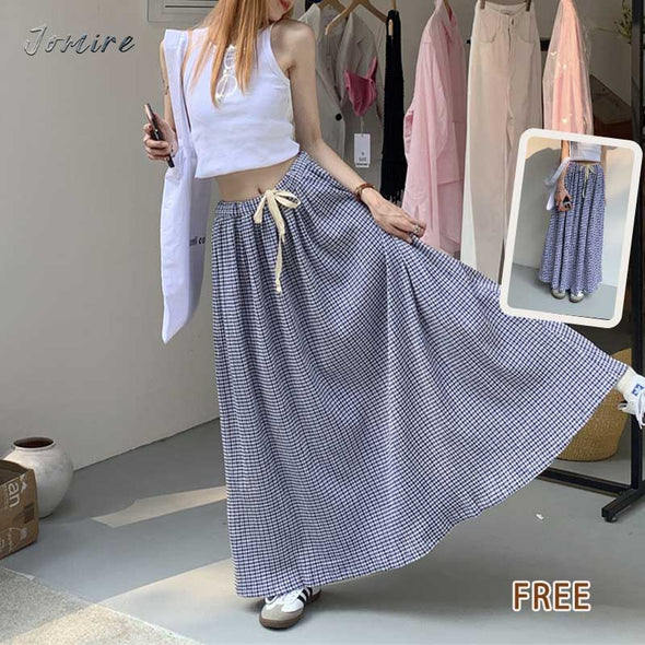 韓国ファッション　Aライン　マキシスカート　チェック柄　ロングスカート　夏スカート