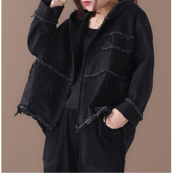 韓国ファッション　ダメージ　　フード付き　デニムジャケット