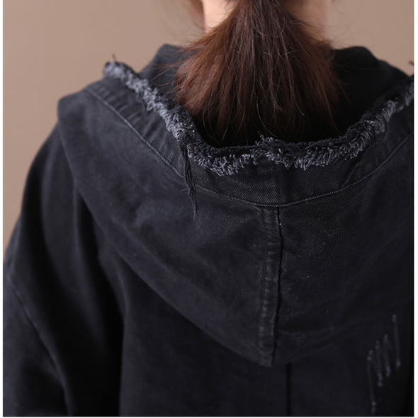韓国ファッション　ダメージ　　フード付き　デニムジャケット