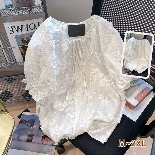 【M~2XL】韓国ファッション　かわいいブラウス　刺繍　透かし彫り　夏ブラウス