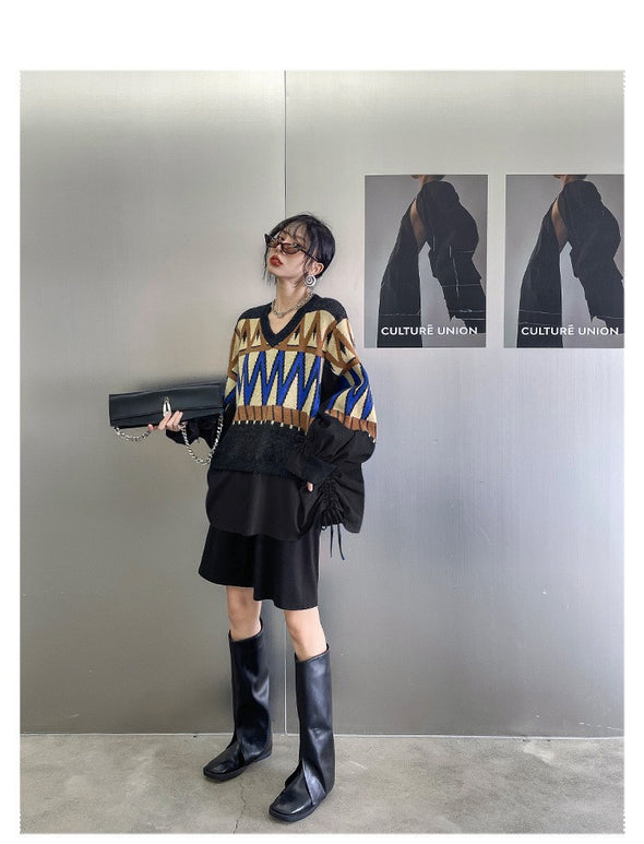 韓国ファッション　切替　不規則柄　ニットトレーナー　