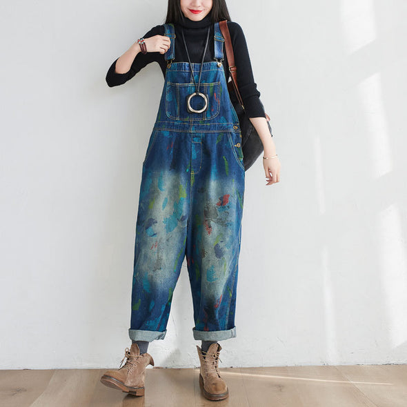 韓国ファッション　デニムサロペット 　水彩柄　ゆったりサイズ　レトロ　夏人気パンツ