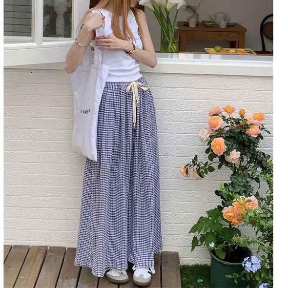 韓国ファッション　Aライン　マキシスカート　チェック柄　ロングスカート　夏スカート