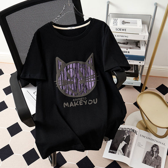 【3XL～7XL】韓国ファッション　ゆったりサイズ　カジュアル　猫柄　夏Tシャツ