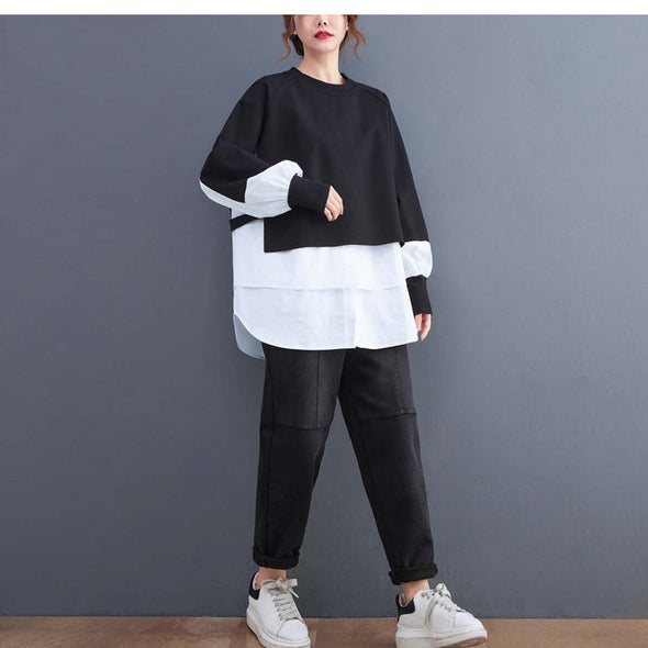 【L.XL】韓国ファッション　ゆるシルエット　切替　レイヤード風シャツ風トレーナー