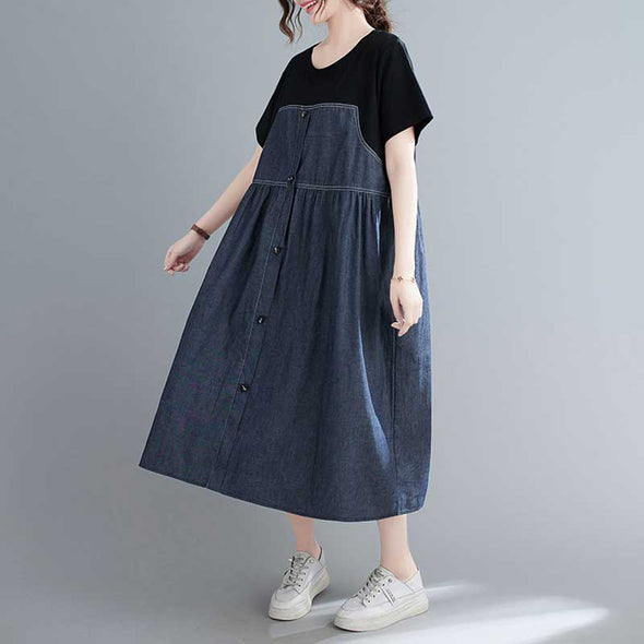 【L~XL】韓国ファッション　切り替えデニムワンピース　ロング丈　ポケット付き　夏ワンピース