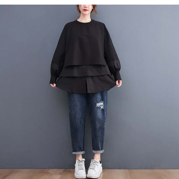 【L.XL】韓国ファッション　ゆるシルエット　切替　レイヤード風シャツ風トレーナー