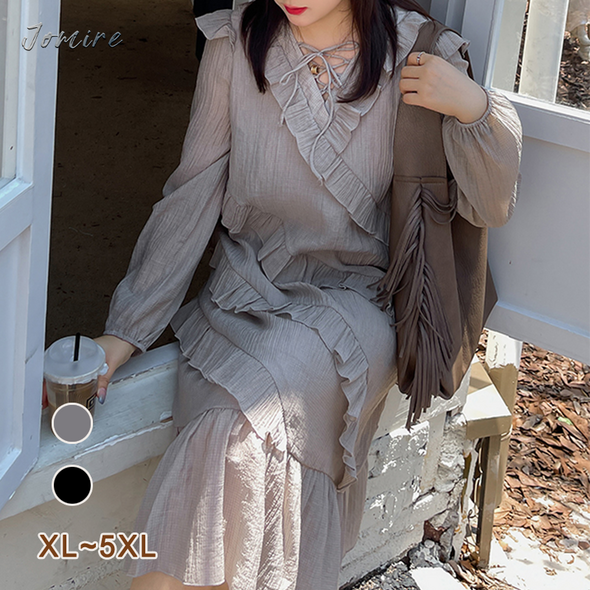 【XL～5XL】韓国ファッション　不規則　フレアデザイン　秋冬　ロングワンピース
