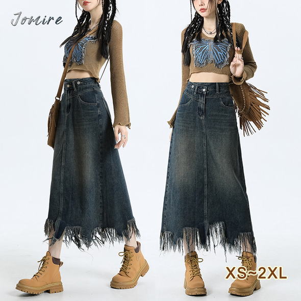 【XS~2XL】韓国ファッション　フリンジデザイン　ハイウエスト　Aライン　デニムスカート