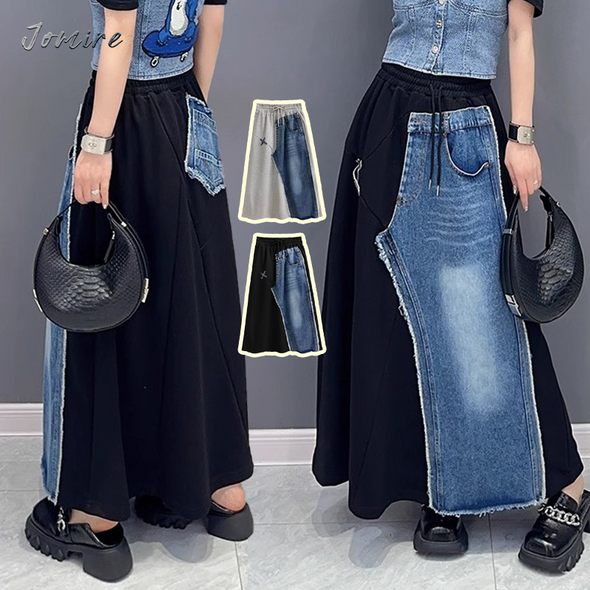 韓国ファッション　スカート　デニム風合い　切替　Aライン