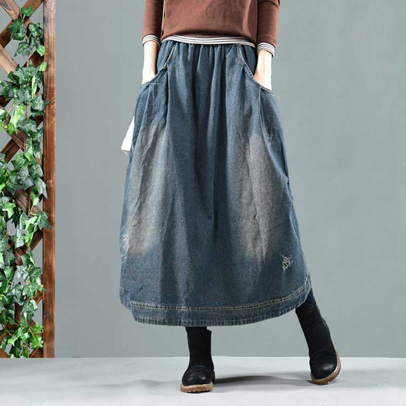 レトロ風　おしゃれデニムスカート　ダメージ加工　ゆったりサイズ　ダメージ　人気スカート