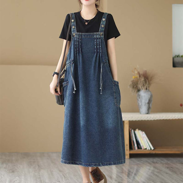 【M~2XL】韓国ファッション　タック入り　デニムサロペットワンピース　ジャンパースカート
