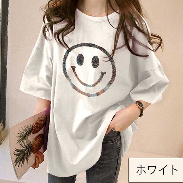 韓国ファッション　おしゃれTシャツ　ゆるシルエット　スマイルプリント　夏定番　半袖Tシャツ