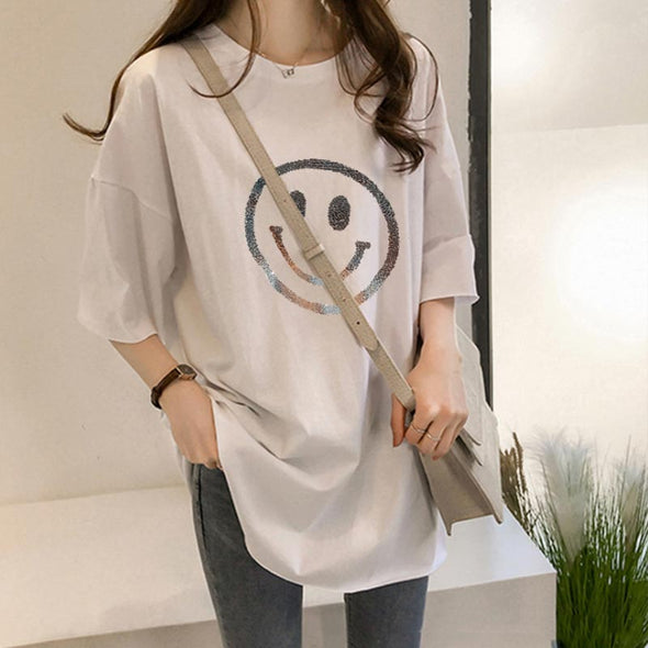 韓国ファッション　おしゃれTシャツ　ゆるシルエット　スマイルプリント　夏定番　半袖Tシャツ
