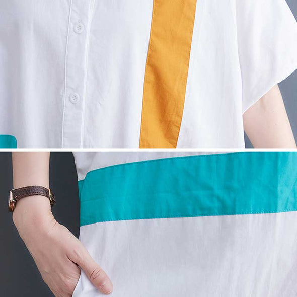韓国ファッション　配色　おしゃれシャツ　夏　半袖　かわいい　カジュアルシャツワンピース