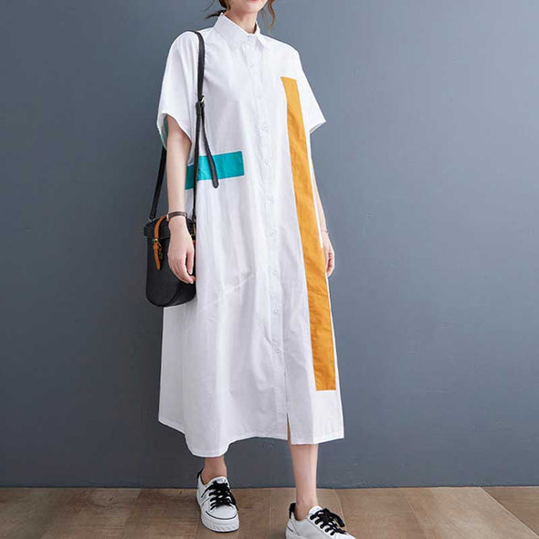 韓国ファッション　配色　おしゃれシャツ　夏　半袖　かわいい　カジュアルシャツワンピース