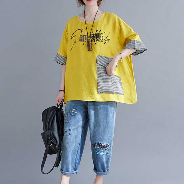 韓国ファッション　多色展開　フロントポケット付き　プリント　おしゃれTシャツ